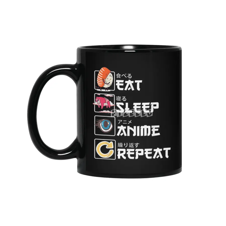 Kawaii Manga Sushi - Eat Sleep Anime Repeat - Cute Anime Siyah Kupa