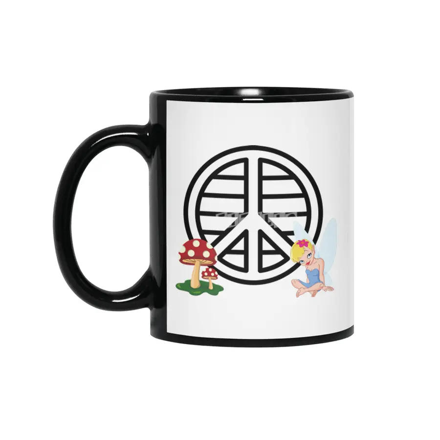 Fairy & Mushroom Peace Symbol Siyah Kupa