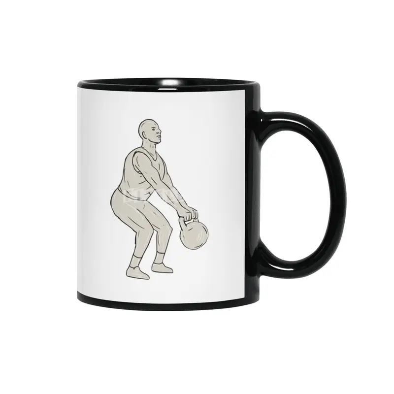 Athlete Fitness Squatting Kettlebell Drawing Siyah Kupa