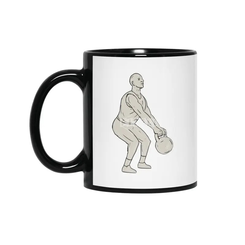 Athlete Fitness Squatting Kettlebell Drawing Siyah Kupa