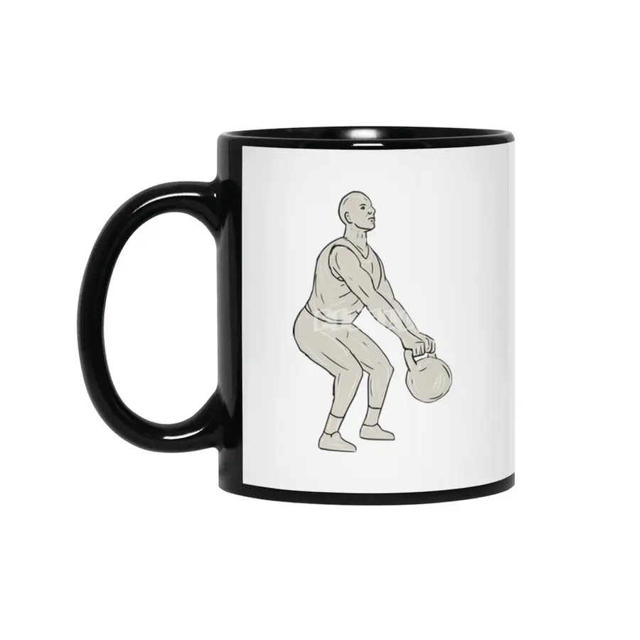 Athlete Fitness Squatting Kettlebell Drawing Siyah Kupa