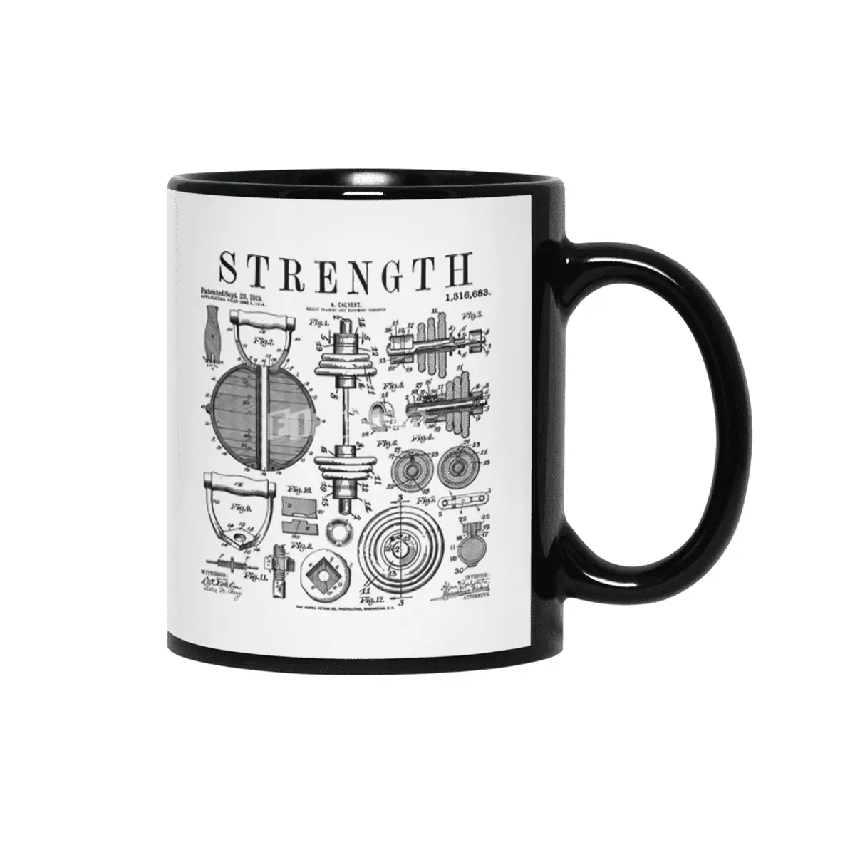 Gym Fitness Workout Dumbbell Kettlebell Vintage Patent Print Siyah Kupa