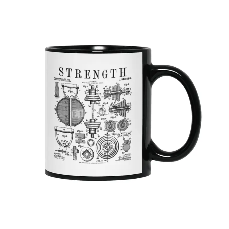 Gym Fitness Workout Dumbbell Kettlebell Vintage Patent Print Siyah Kupa