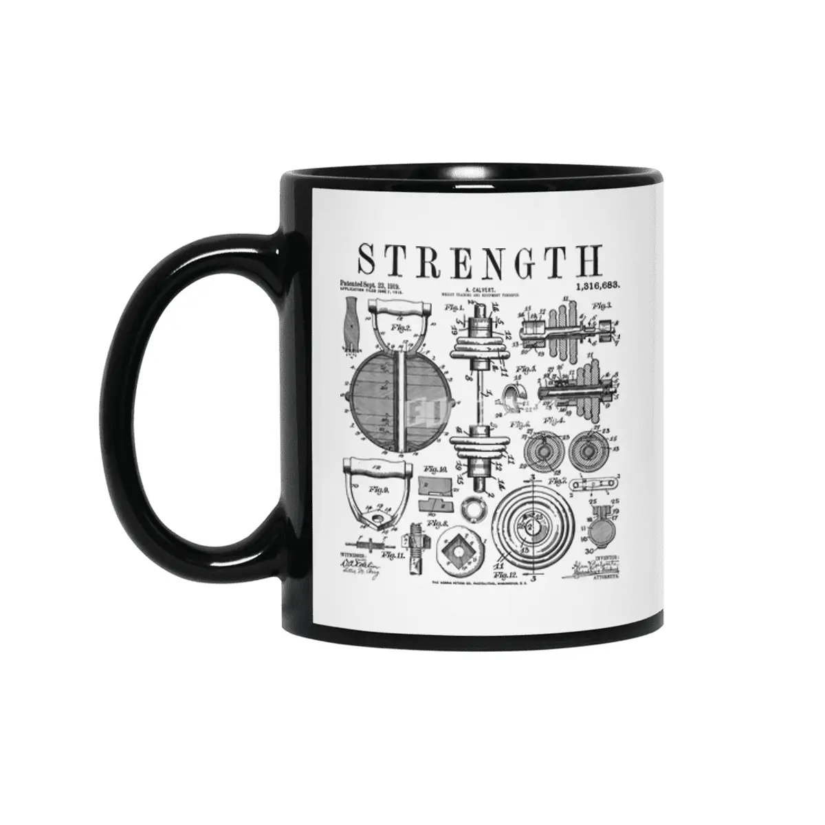 Gym Fitness Workout Dumbbell Kettlebell Vintage Patent Print Siyah Kupa