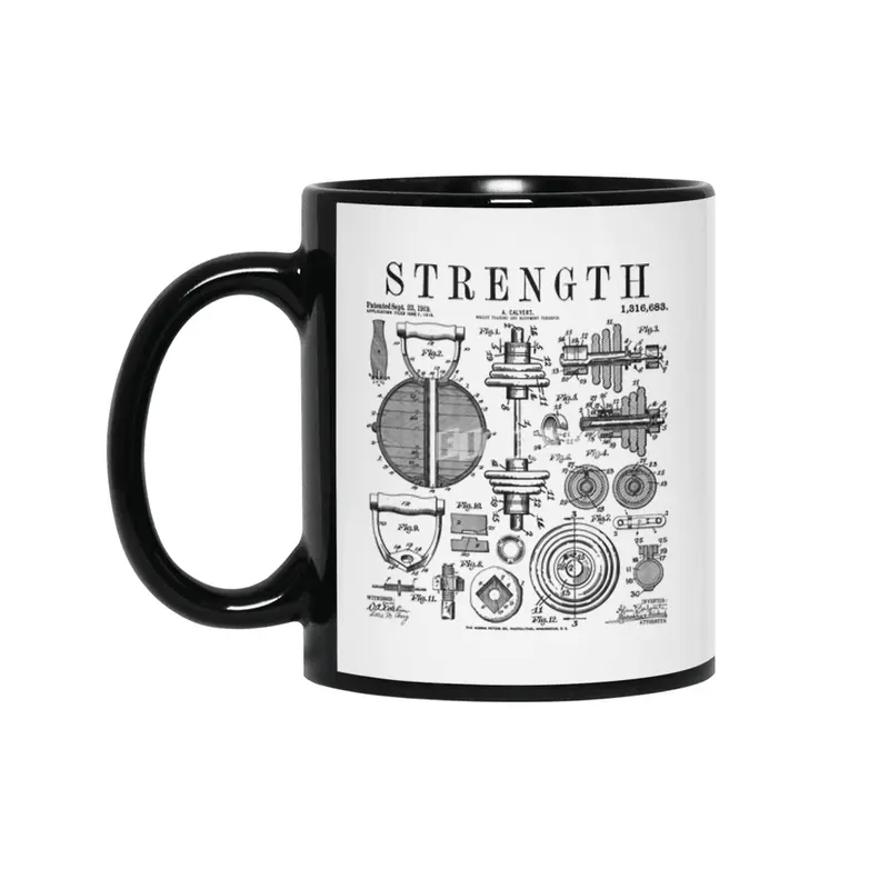 Gym Fitness Workout Dumbbell Kettlebell Vintage Patent Print Siyah Kupa