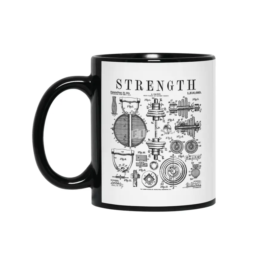 Gym Fitness Workout Dumbbell Kettlebell Vintage Patent Print Siyah Kupa
