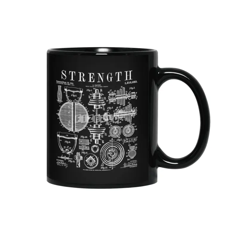 Gym Fitness Workout Dumbbell Kettlebell Vintage Patent Print Siyah Kupa