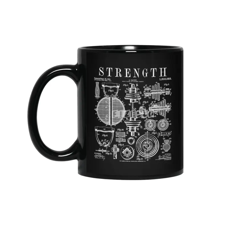 Gym Fitness Workout Dumbbell Kettlebell Vintage Patent Print Siyah Kupa