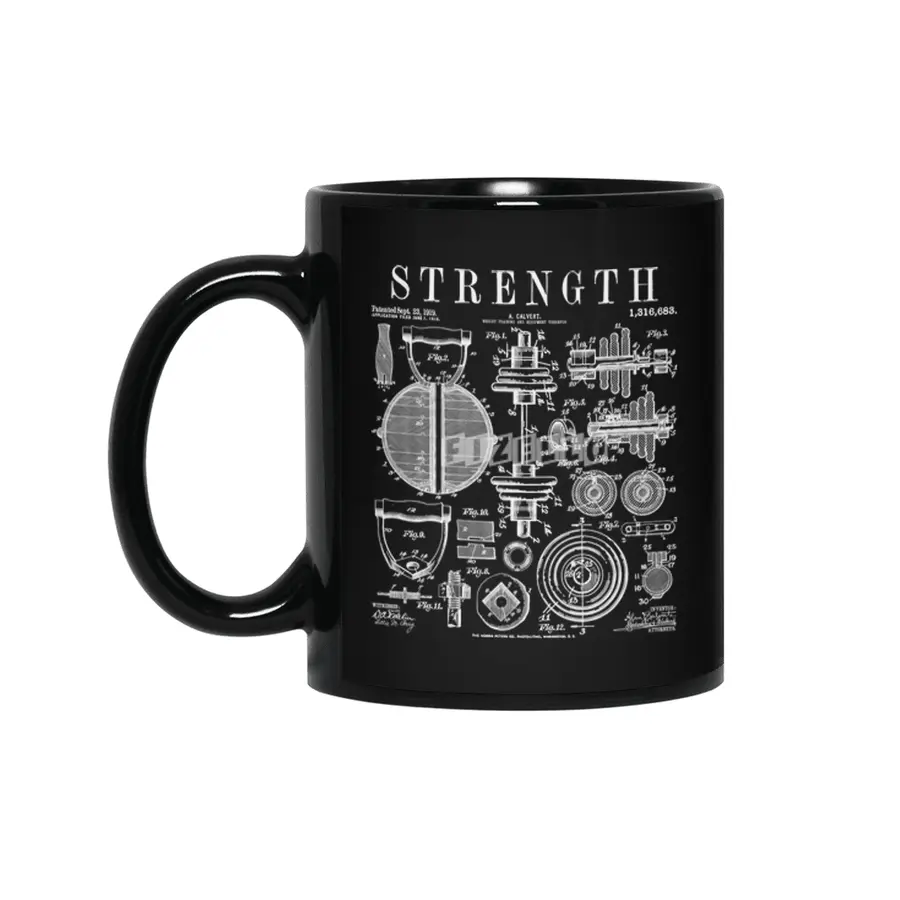 Gym Fitness Workout Dumbbell Kettlebell Vintage Patent Print Siyah Kupa