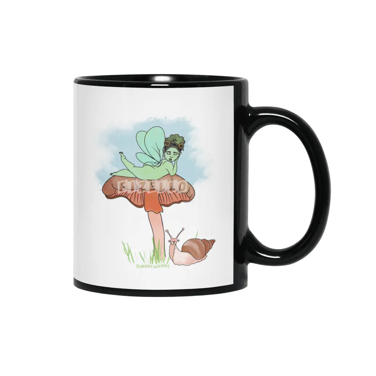 Fairie on Mushroom with Snail Friend Siyah Kupa