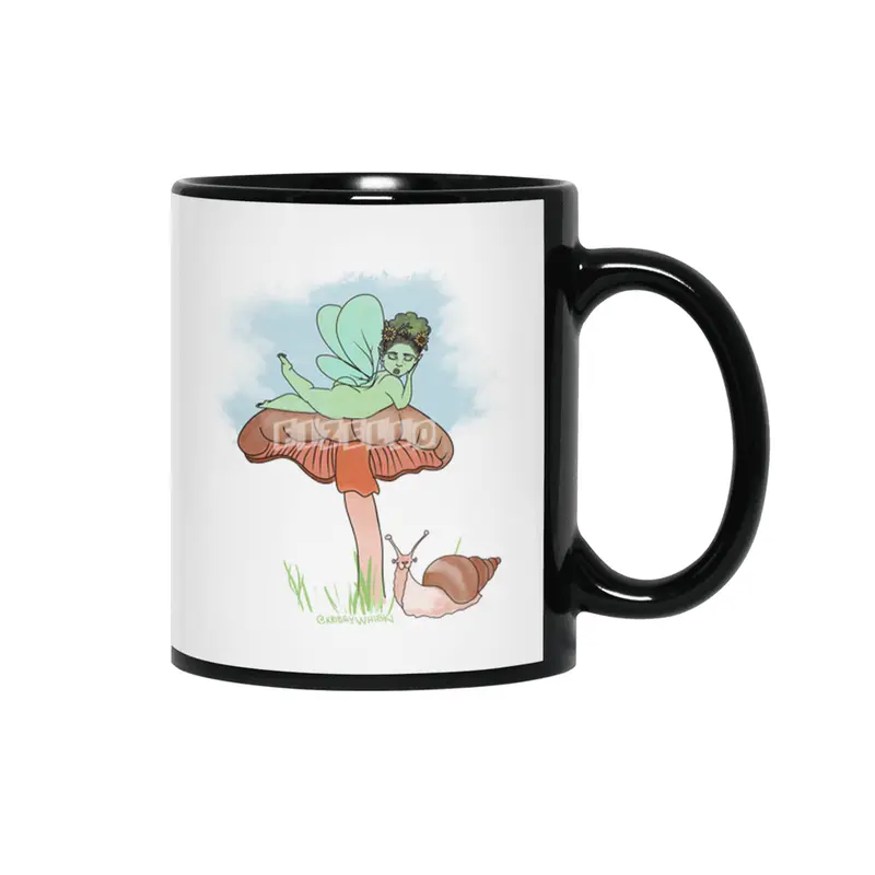 Fairie on Mushroom with Snail Friend Siyah Kupa