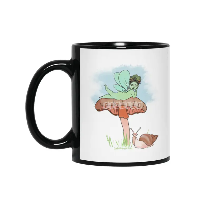 Fairie on Mushroom with Snail Friend Siyah Kupa