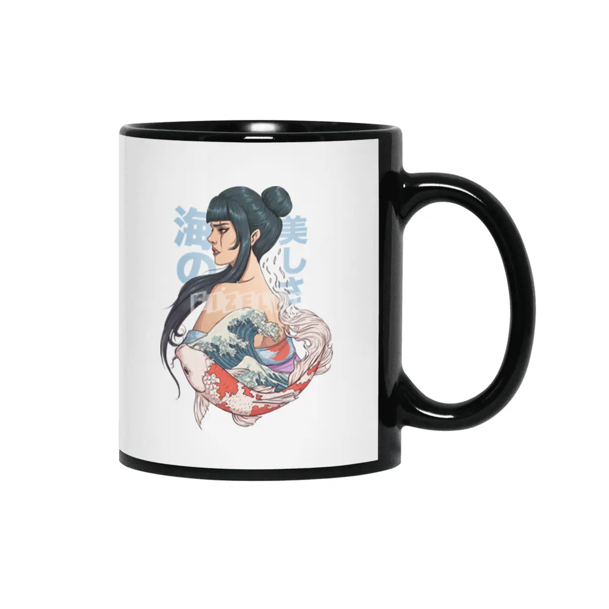 geisha, koi in great wave of kanagawa Siyah Kupa