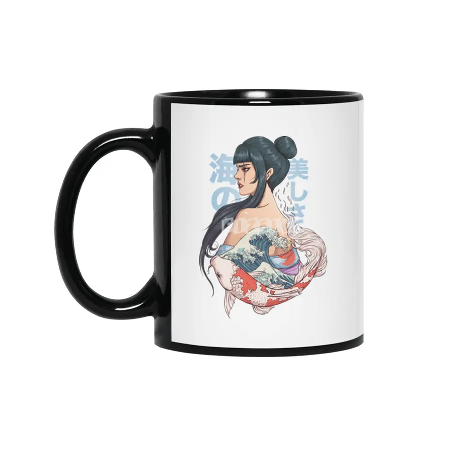 geisha, koi in  great wave of kanagawa Siyah Kupa