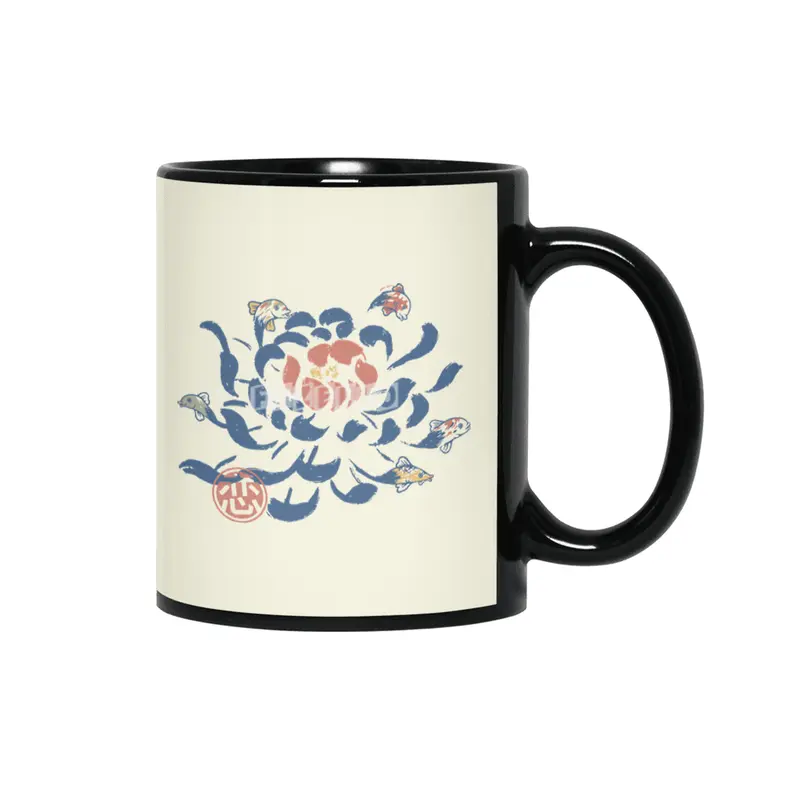 Vintage Japanese Flower Koi Siyah Kupa