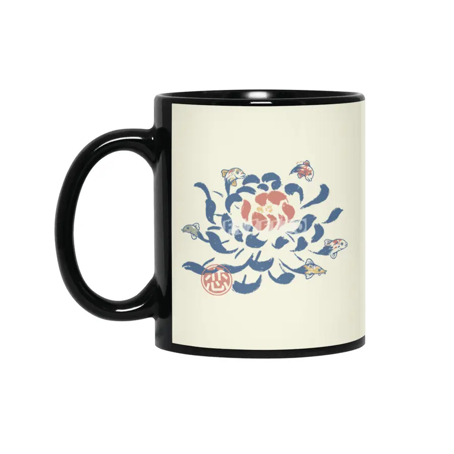 Vintage Japanese Flower Koi Siyah Kupa