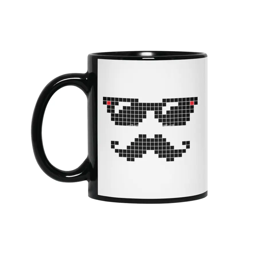 Pixelated hipster geek with sunglasses and mustache Siyah Kupa