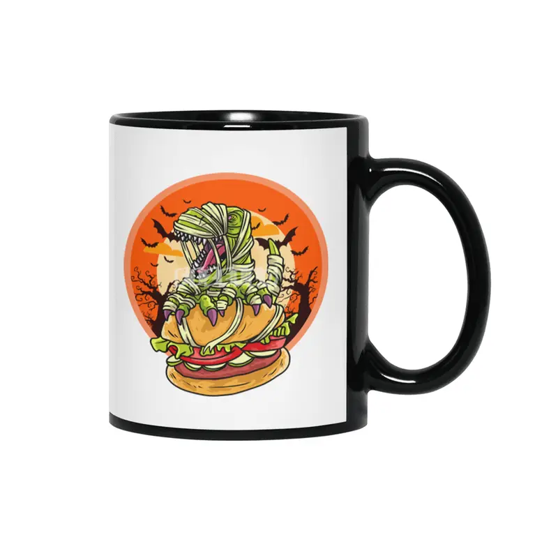 Cute Spooky Halloween Mummy T-Rex with Burger Siyah Kupa