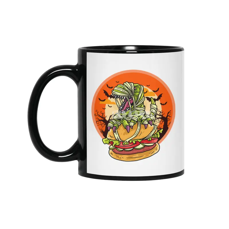 Cute Spooky Halloween Mummy T-Rex with Burger Siyah Kupa