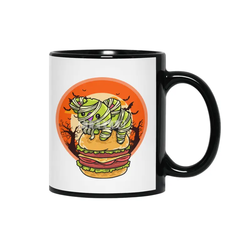 Cute Spooky Halloween Mummy T-Rex with Burger Siyah Kupa