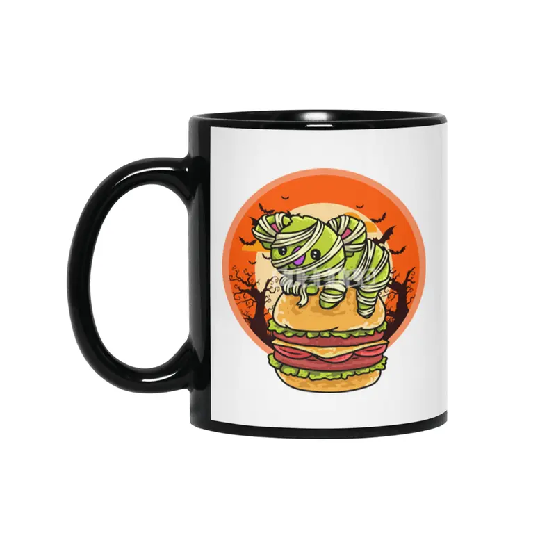 Cute Spooky Halloween Mummy T-Rex with Burger Siyah Kupa