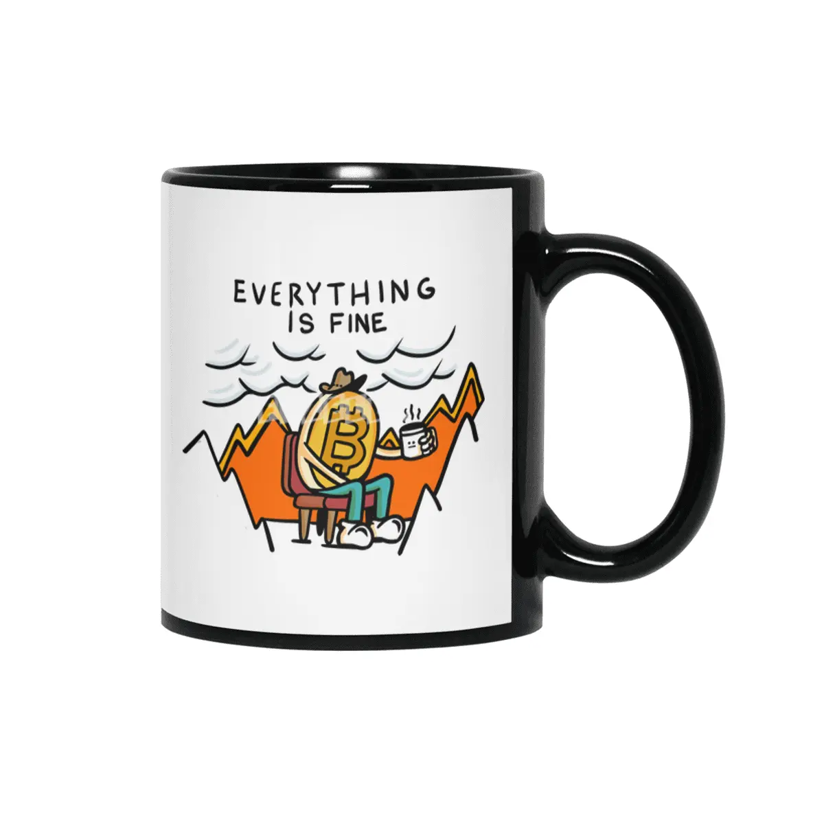 Everything is Fine - Bitcoin Volatility Cartoon in Flames Siyah Kupa