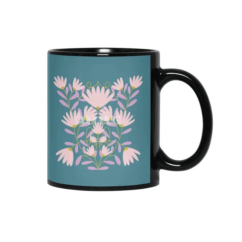 Pastel Floral Damask Siyah Kupa