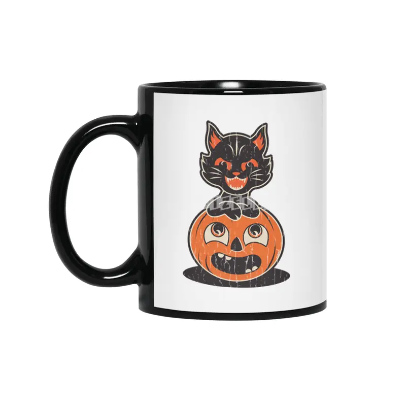 Retro Halloween Cat and Pumpkin Siyah Kupa