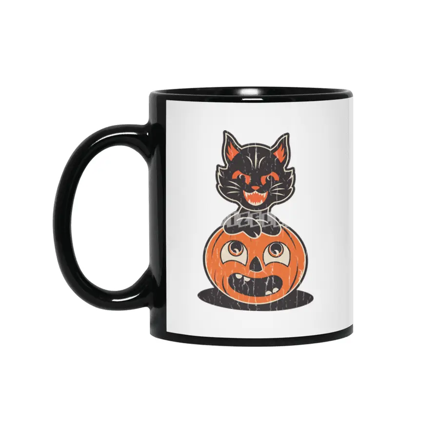 Retro Halloween Cat and Pumpkin Siyah Kupa