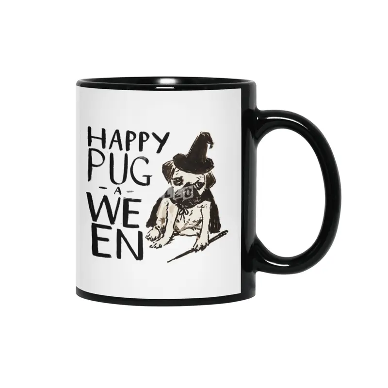 Funny Pug Halloween Tee- Pug-a-ween Witch Siyah Kupa