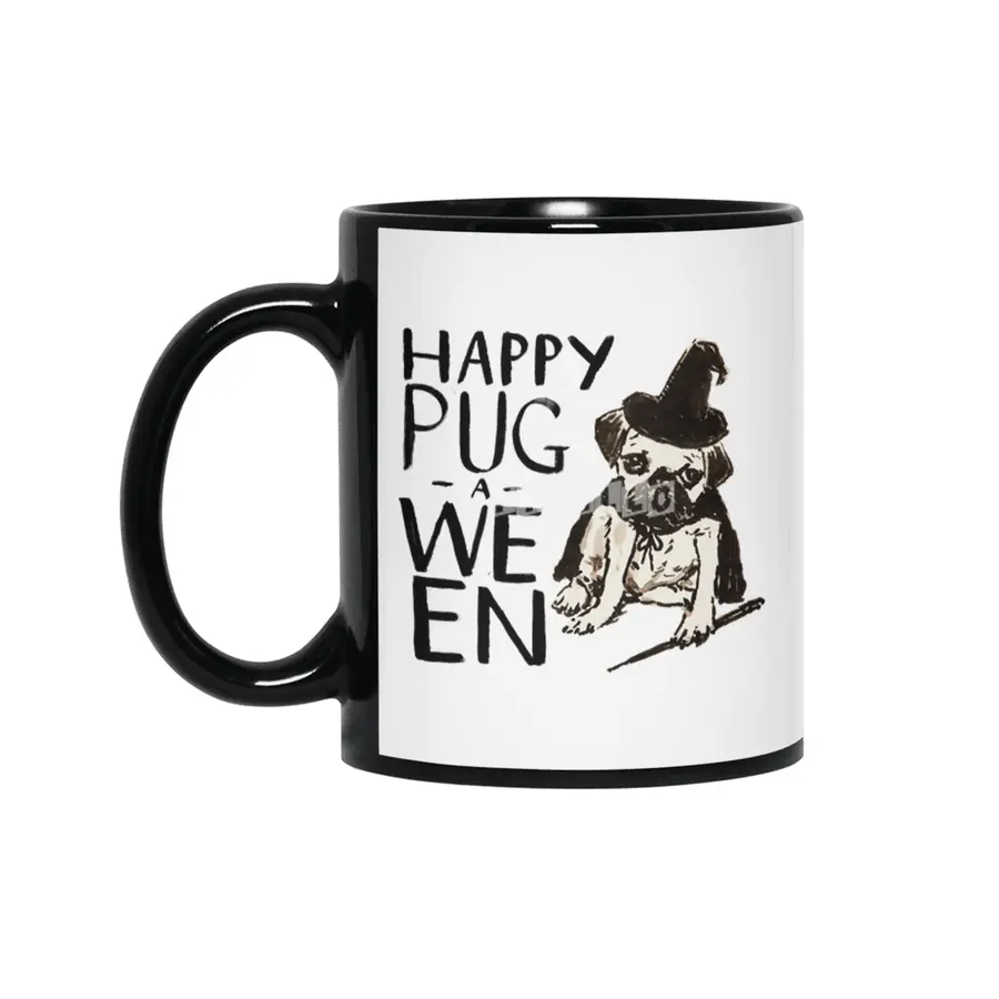 Funny Pug Halloween Tee- Pug-a-ween Witch Siyah Kupa