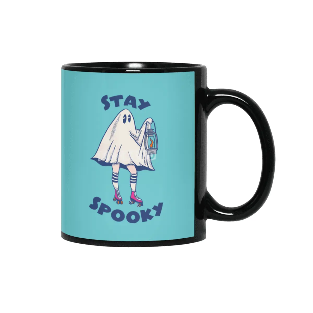 Stay Spooky - Cute Halloween Ghost in Roller Skates Siyah Kupa