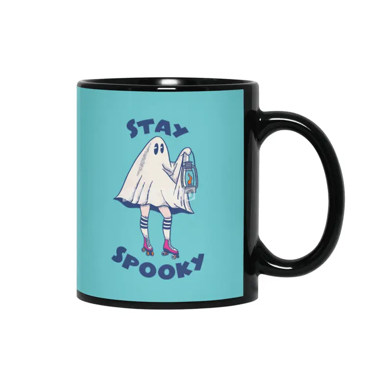 Stay Spooky - Cute Halloween Ghost in Roller Skates Siyah Kupa