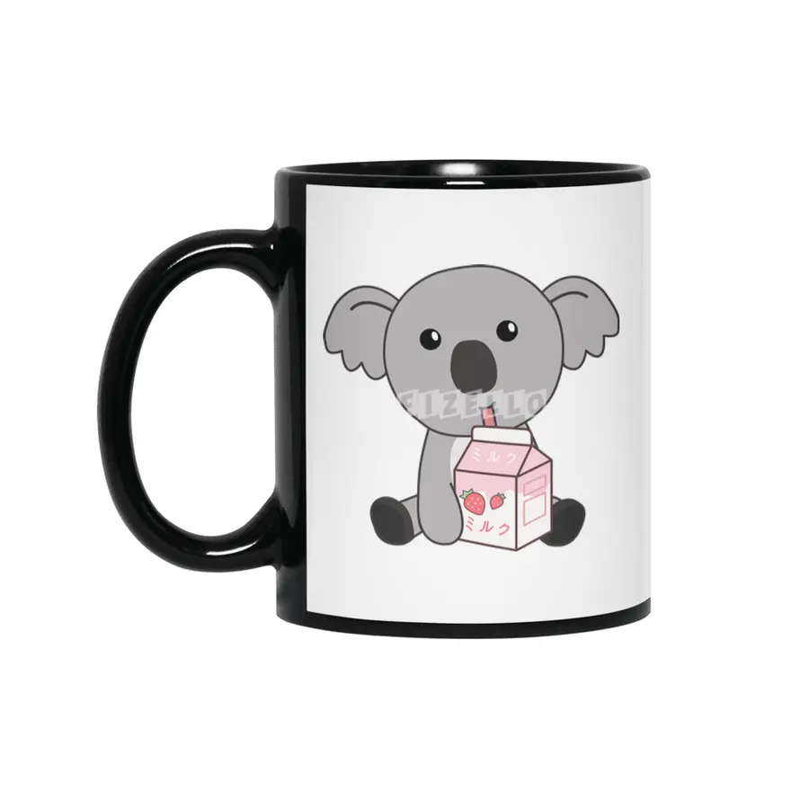 Kawaii Koala Retro Japanese Strawberry Milkshake Siyah Kupa
