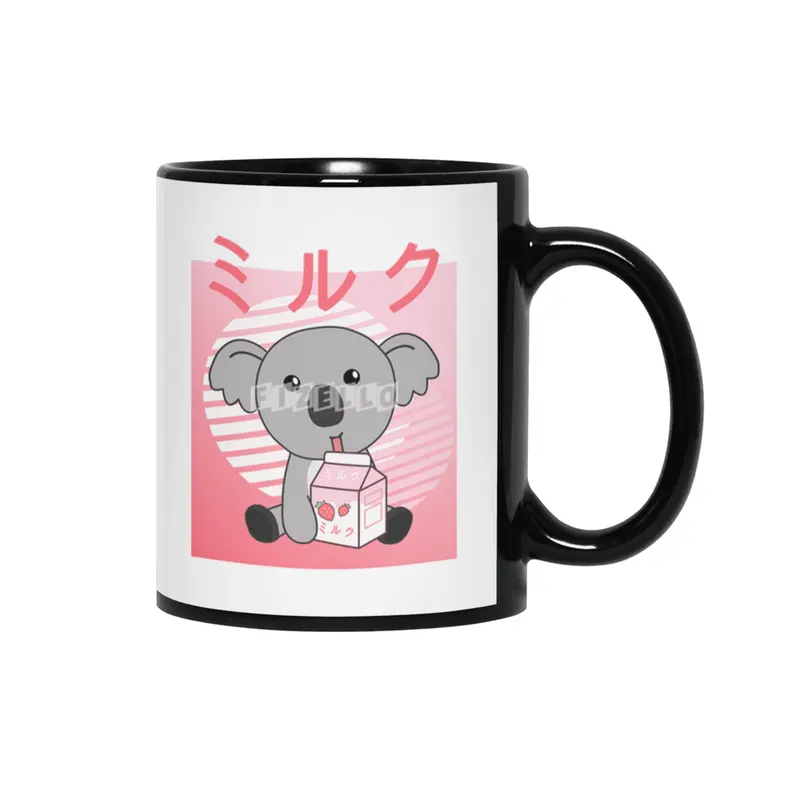 Kawaii Koala Retro Japanese Strawberry Milkshake Siyah Kupa