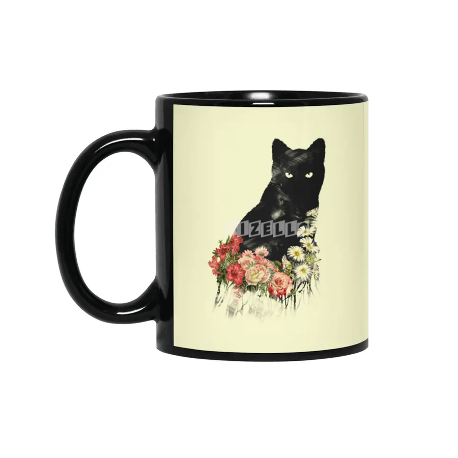 Black Cat Vintage Flower Good Luck Siyah Kupa