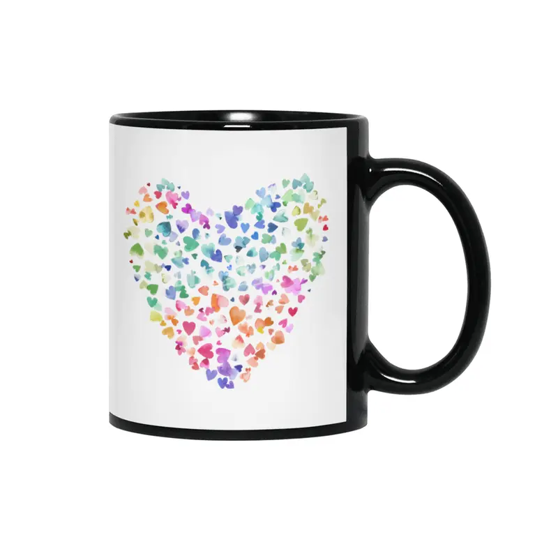 Watercolor Colorful Love Hearts Siyah Kupa