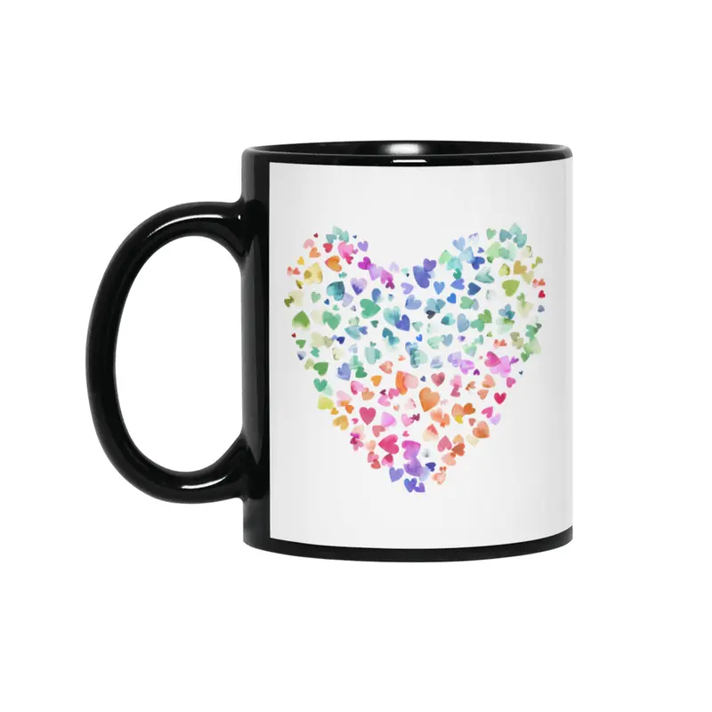 Watercolor Colorful Love Hearts Siyah Kupa