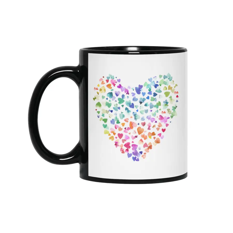 Watercolor Colorful Love Hearts Siyah Kupa