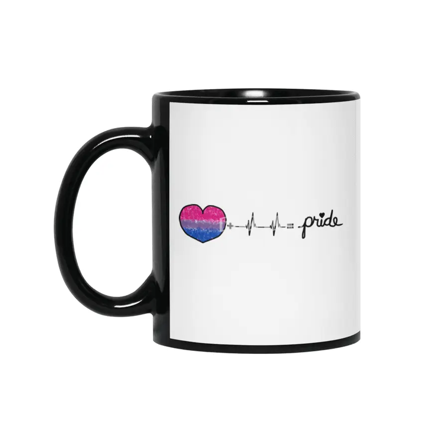 Bi-Sexual Pride Flag Heart + Heartbeat = Pride Design Siyah Kupa