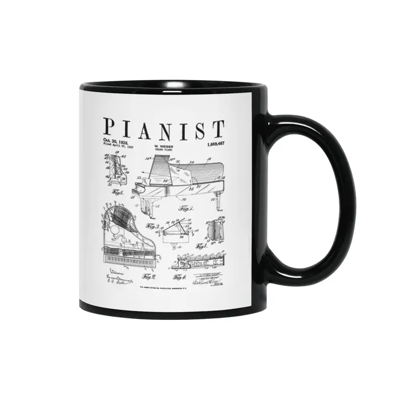 Grand Piano Old Vintage Patent Pianist Drawing Print Siyah Kupa