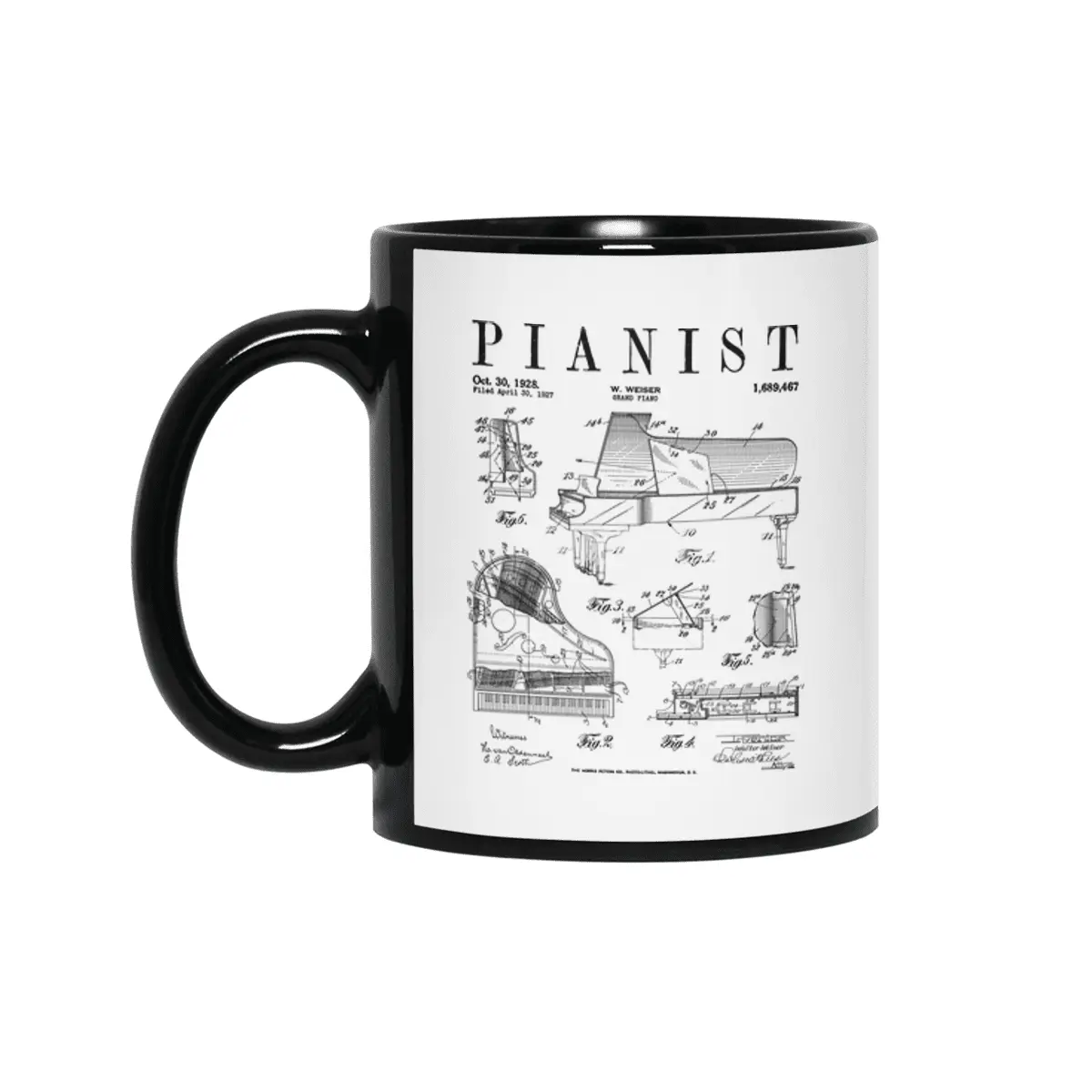 Grand Piano Old Vintage Patent Pianist Drawing Print Siyah Kupa