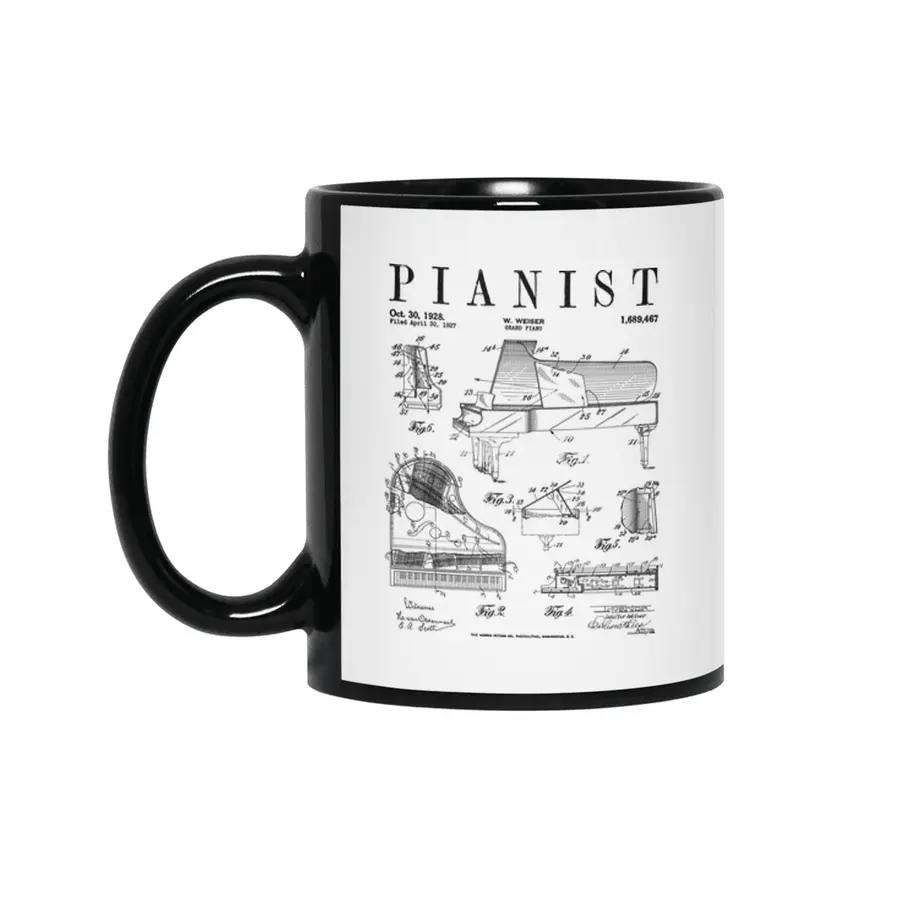 Grand Piano Old Vintage Patent Pianist Drawing Print Siyah Kupa