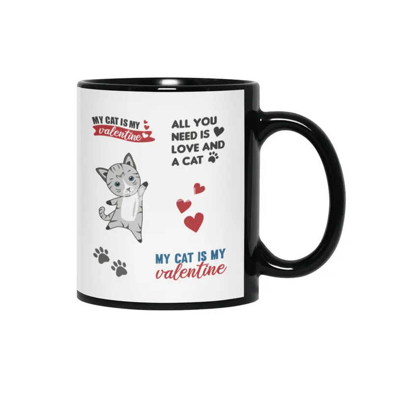 Cats Sticker Set My Cat Is My Valentine Light Gray Siyah Kupa