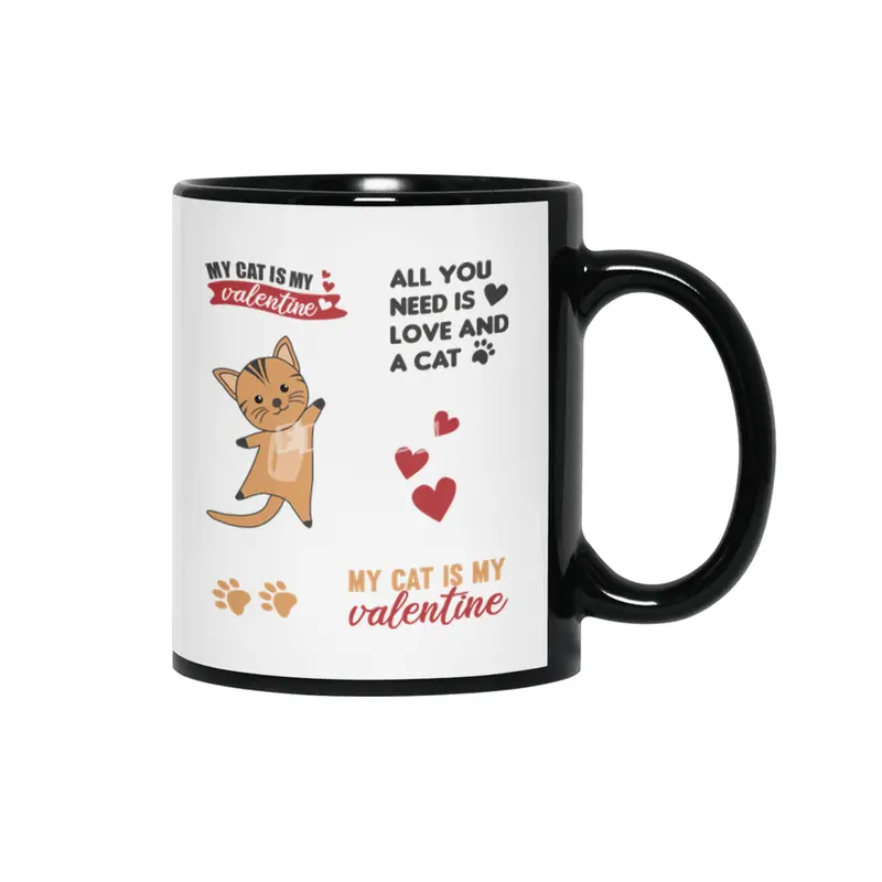 Cats Sticker Set My Cat Is My Valentine Red Heart Siyah Kupa