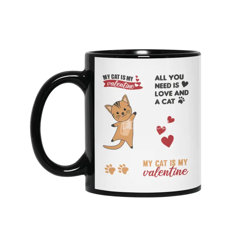 Cats Sticker Set My Cat Is My Valentine Red Heart Siyah Kupa