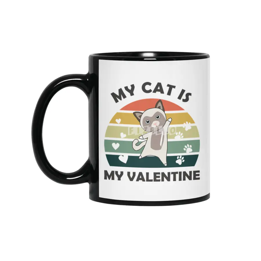 My Cat Is My Valentine Beige Cat Heart Vintage Siyah Kupa