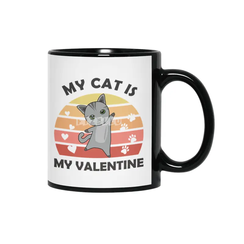 My Cat Is My Valentine Cat Heart Gray Vintage Siyah Kupa