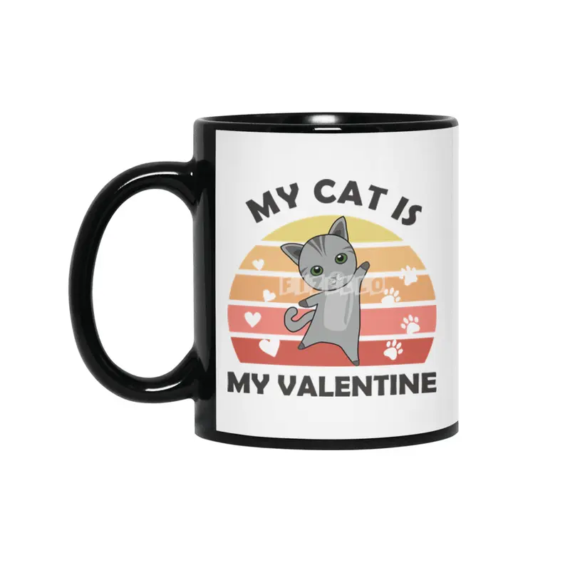 My Cat Is My Valentine Cat Heart Gray Vintage Siyah Kupa