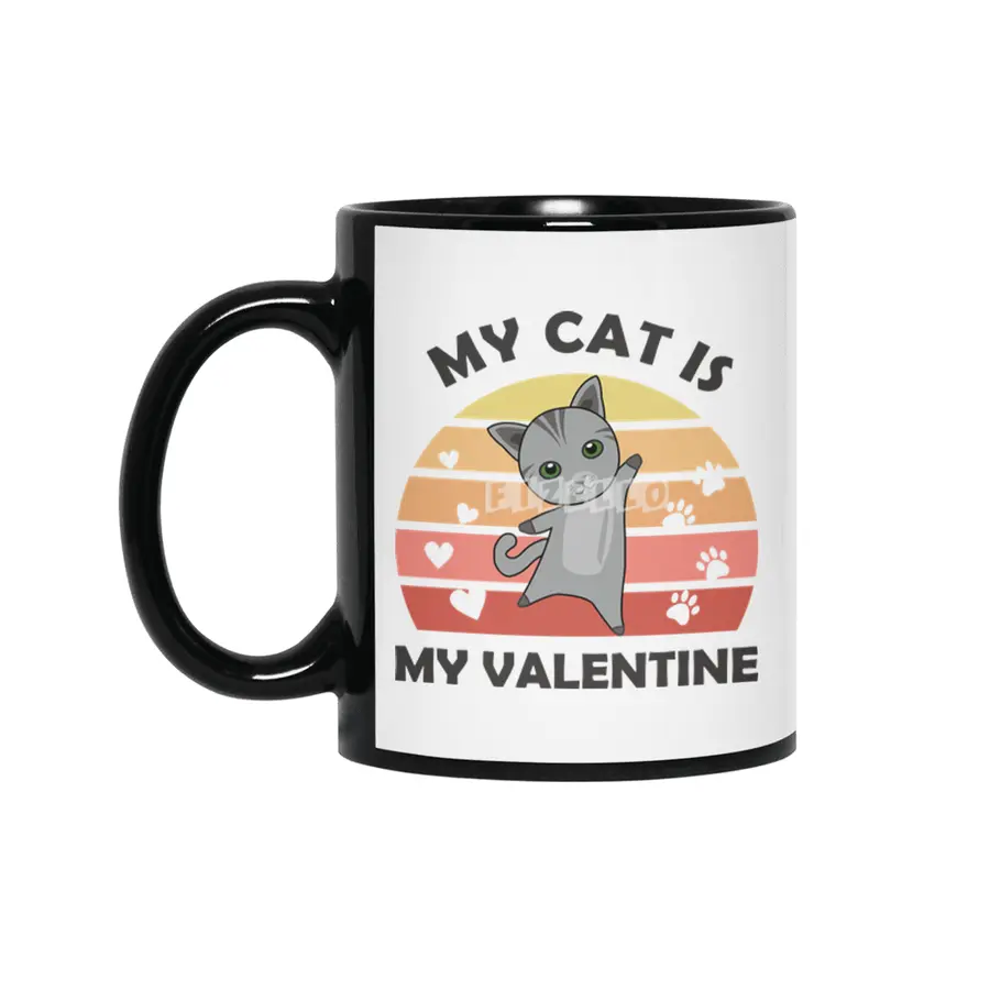 My Cat Is My Valentine Cat Heart Gray Vintage Siyah Kupa